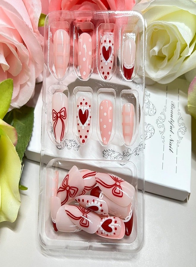 Vopintpy Romantic Valentines Press on Nails Red Bow Love Heart False Nails Pink Stripe Small Dot Design Glue on Nail Glitter Long Almond Valentines Stick on Nail for Women DIY Manicure - Image 4